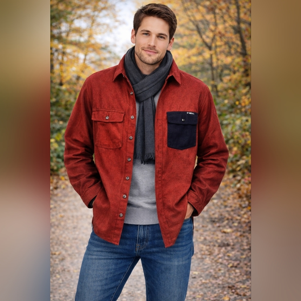 Flylow Redish Snap Down Shirt with Navy Pocket Size M